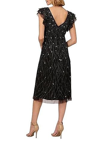 Adrianna Papell Beaded Mesh Surplice V-Neck Flutter Sleeve Dress Cocktail Dress (view 2)