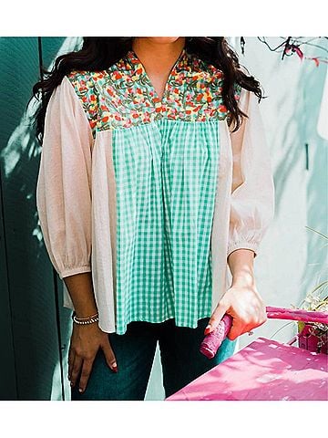 Layers Clothing Floral Gingham Embroidered Top in Green Multi (view 2)