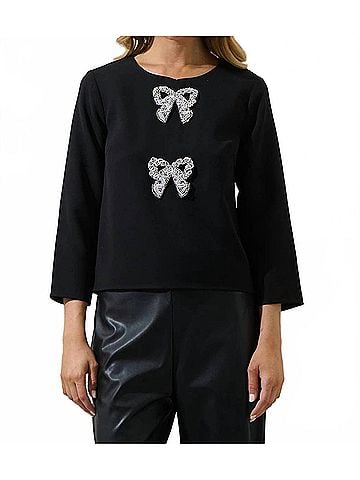 Sugarlips Kaida Bow Lumie Long Sleeve Top in Black (view 2)