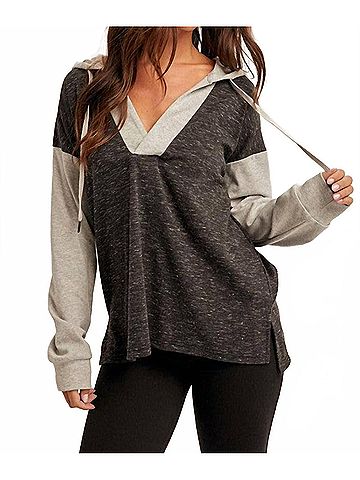 Hem & Thread Color Block Hooded Sweatshirt in Black Grey (view 2)