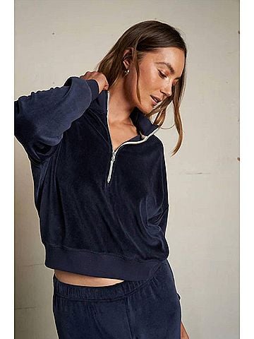 perfectwhitetee Kiva Velour Sweatshirt in Navy (view 2)