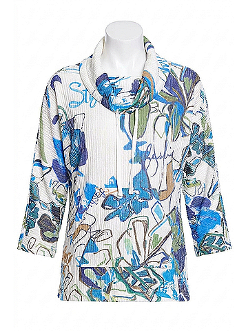 MULTIPLES Drawstring Cowl Neck Print Top in Ivory Mix (view 1)
