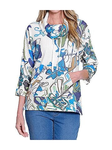MULTIPLES Drawstring Cowl Neck Print Top in Ivory Mix (view 2)