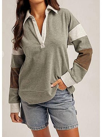 Hem & Thread Brushed Jersey Stripe Mix Color Block Pullover in Olive (view 2)