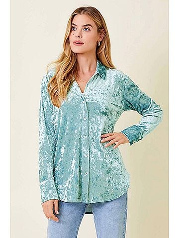 Mystree Bubbly Button Down Velvet Shirt in Seafoam (view 2)