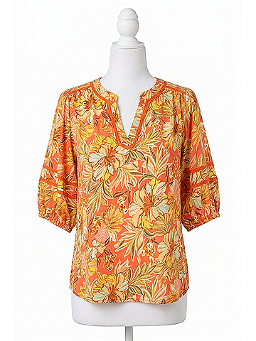 Democracy Blouson Sleeve Mandarin Collar Half Placket Printed Knit Top in Deep Coral Floral Multi (view 1)