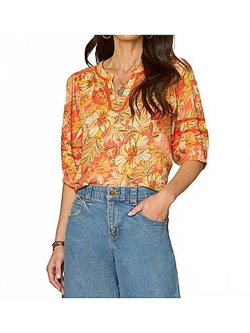 Democracy Blouson Sleeve Mandarin Collar Half Placket Printed Knit Top in Deep Coral Floral Multi (view 2)