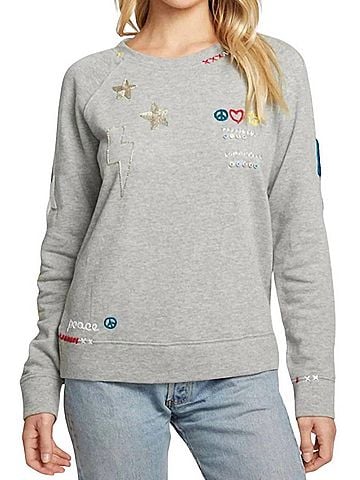 Chaser Peace Fleece Long Sleeve Pullover Top in Grey (view 2)