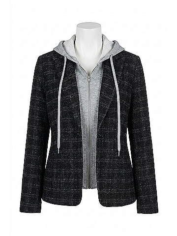 Elan Eliza Metallic Plaid Blazer With Hoodie in Black Silver Plaid (view 1)