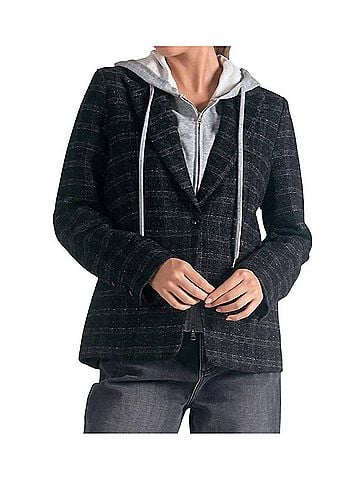 Elan Eliza Metallic Plaid Blazer With Hoodie in Black Silver Plaid (view 2)