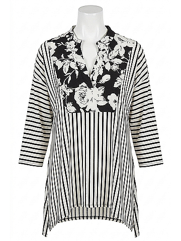 Honeyme Floral & Striped Gabby Top in Black White Stripes (view 1)