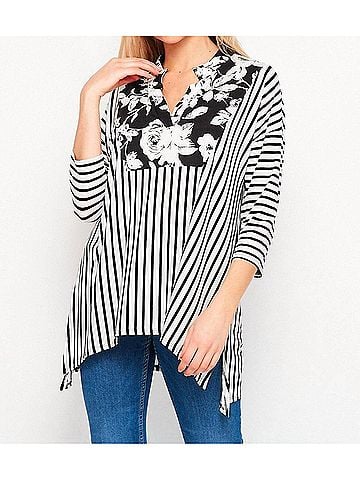 Honeyme Floral & Striped Gabby Top in Black White Stripes (view 2)