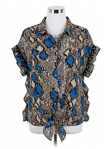 See and Be Seen Button Down Tie Front Blouse in Blue Snakeskin (view 1)
