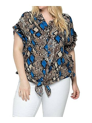 See and Be Seen Button Down Tie Front Blouse in Blue Snakeskin (view 2)