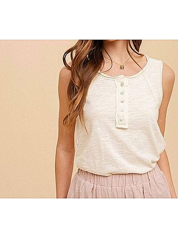Hem & Thread Cotton Slub Henley Tank Top in Cream (view 2)