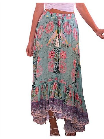 Bell by Alicia Bell Margo Maxi Skirt in Green Pink Bird Print (view 2)