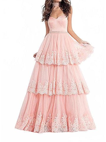 Rachel Allan Lace Appliqued Strapless Prom Gown in Blush (view 2)