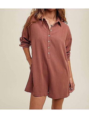 Wishlist Nora Button Up Linen Romper in Brick (view 2)