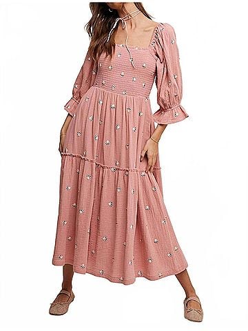 Listicle Floral Embroidery Puff Sleeve Midi Dress in Deep Rose (view 2)