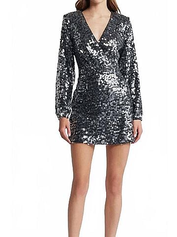 Saylor Rina Mesh Long Sleeve Sequin Mini Dress in Pewter (view 2)