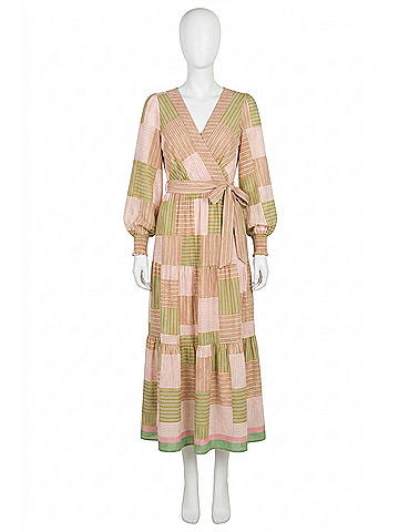 Flying Tomato Stripes Printed Woven Midi Dress in Taupe Green Coral (view 1)