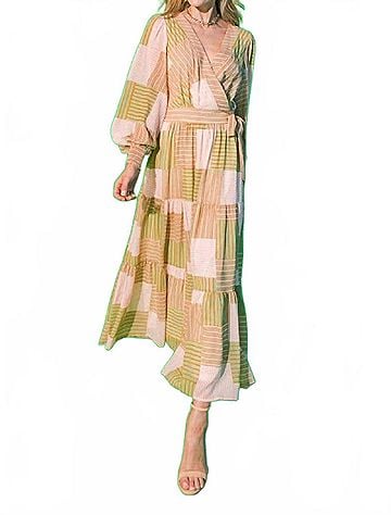 Flying Tomato Stripes Printed Woven Midi Dress in Taupe Green Coral (view 2)