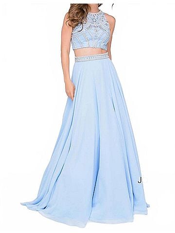 Jovani Two-Piece Chiffon Embellished Prom Dress in Blue (view 2)