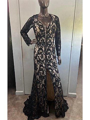 Angela & Alison Women's Lace Cut Out Back Dress in Black/Nude (view 2)
