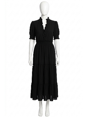 London Times Smocked Puff Tiered Dress in Black (view 1)
