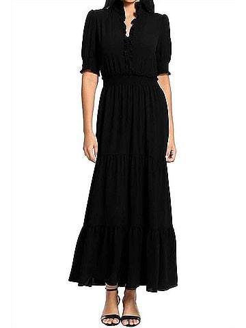 London Times Smocked Puff Tiered Dress in Black (view 2)