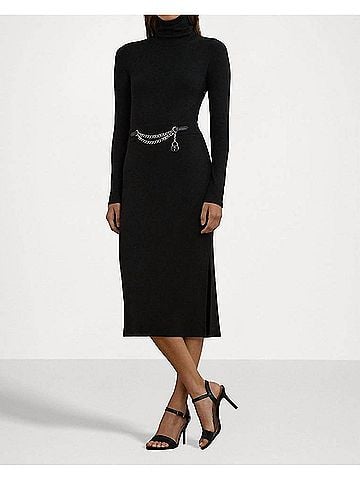 Ralph Lauren Chain-Trim Rib Knit Turtleneck Dress in Black (view 2)