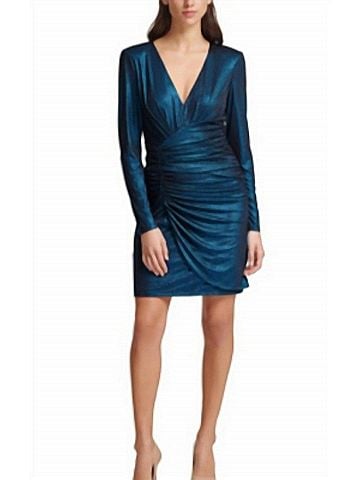 Vince Camuto Long Sleeve Metallic Ruched Dress in Teal (view 2)