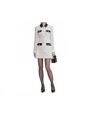 Self-Portrait Women's Check Boucle Long Sleeve Mini Dress in White Black (view 2)