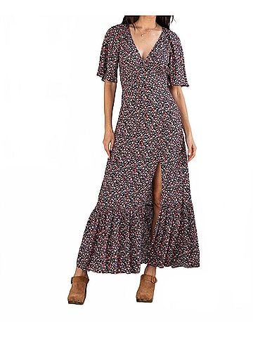 Lovestitch Vintage Floral Print Flutter Sleeve Maxi Dress in Black/Fuchsia (view 2)