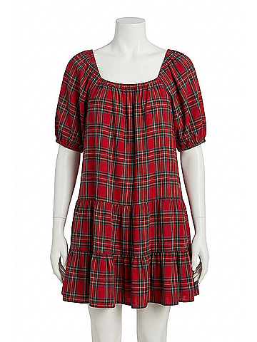 Wishlist Gingham Puff Sleeve Tiered Mini Dress in Red/Green (view 1)