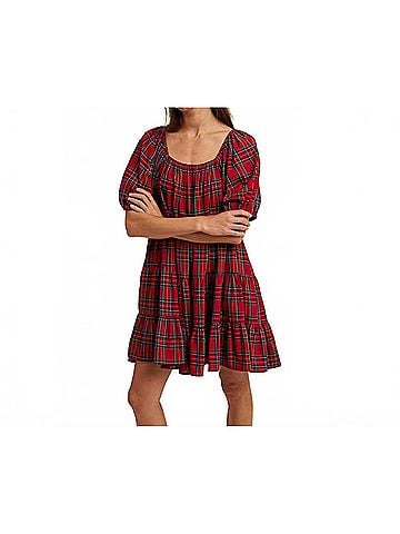 Wishlist Gingham Puff Sleeve Tiered Mini Dress in Red/Green (view 2)