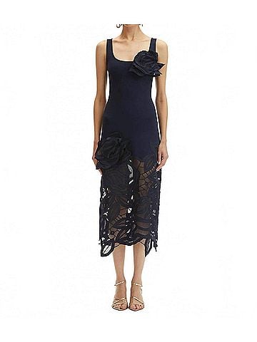 Oscar De La Renta Rose Guipure Long Knit Dress in Navy (view 2)