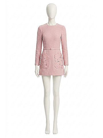 Oscar De La Renta Long Sleeve Embroidered Tweed Dress With Self Belt in Lily (view 1)