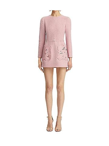 Oscar De La Renta Long Sleeve Embroidered Tweed Dress With Self Belt in Lily (view 2)