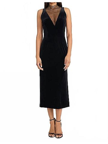 Donna Morgan Plunge Mesh Velvet Midi Dress in Black (view 2)