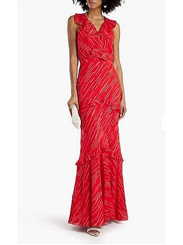 Saloni Rita Ruffled Silk Blend Maxi Dress in Red (view 2)