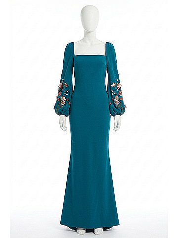 Badgley Mischka Fluted Floral-Appliqued Crepe Dress in Blue (view 1)