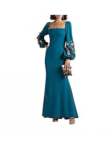 Badgley Mischka Fluted Floral-Appliqued Crepe Dress in Blue (view 2)