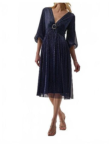 Joseph Ribkoff Sparkle Mesh Pliss?© Fit And Flare Midi Dress in Marine (view 2)
