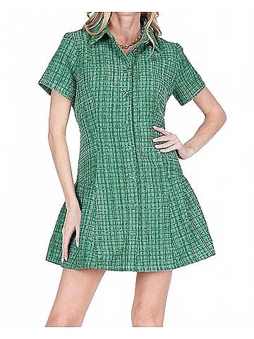 Joy Joy Pleated Hem Button Dress in Green (view 2)