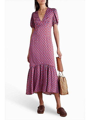 Rhode Ester Gathered Floral-Print Satin Midi Dress in Red (view 2)