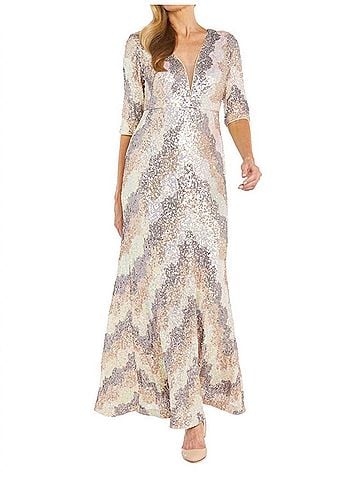 R&M Richards Chevron Sequin Gown in Champagne Multi (view 2)