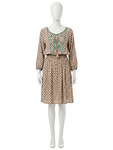 Mystree Peaceful Breeze Embroidered Printed Dress in Taupe/Mint (view 1)