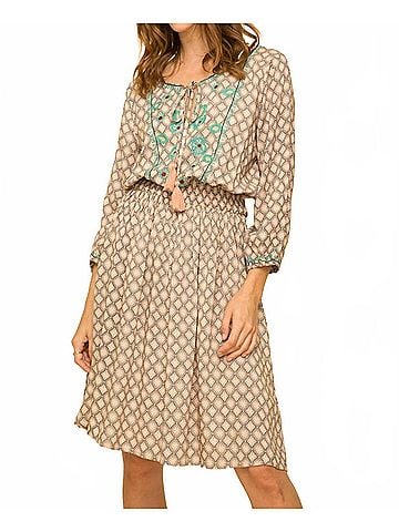 Mystree Peaceful Breeze Embroidered Printed Dress in Taupe/Mint (view 2)