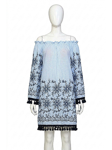 Velzera Embroidered Off The Shoulder Tassel Mini Dress in Blue (view 1)